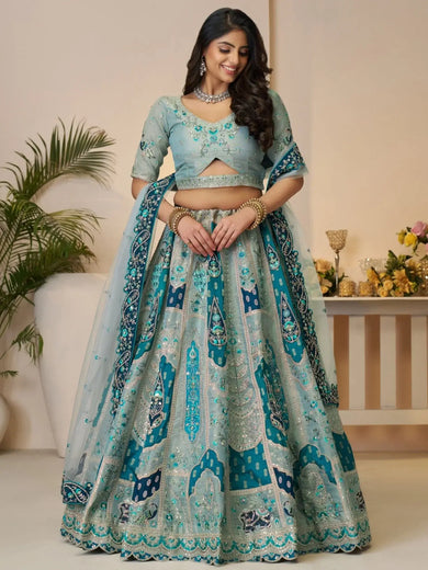 Wonderful Sky - Blue Thread Embroidery Banarasi Silk Wedding Lehenga Choli - Ethnic Plus In